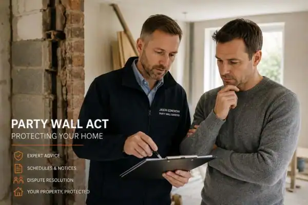 Party wall surveyor Warwick discussing extension plans with homeowner outside a UK semi-detached house.